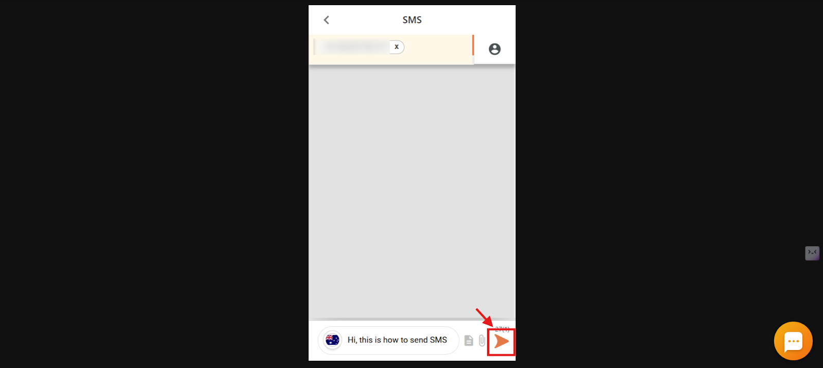 CallHippo SMS screen with a typed message and the send button highlighted