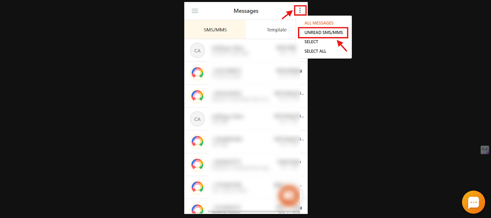 CallHippo Messages screen with the three-dot menu open and the Unread SMS/MMS filter highlighted
