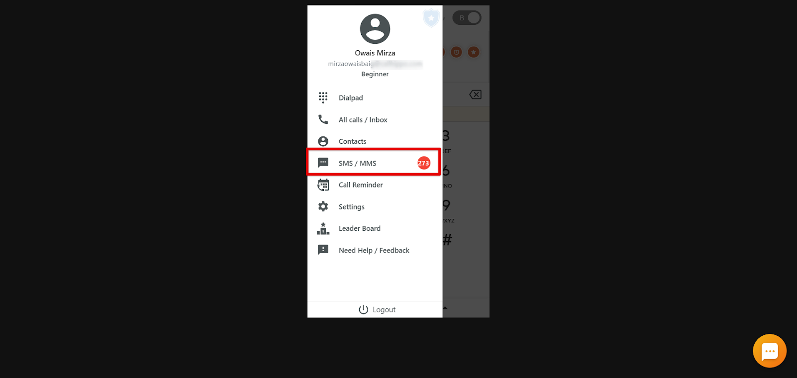 CallHippo dialer menu showing the SMS / MMS option with a red 273 unread message count