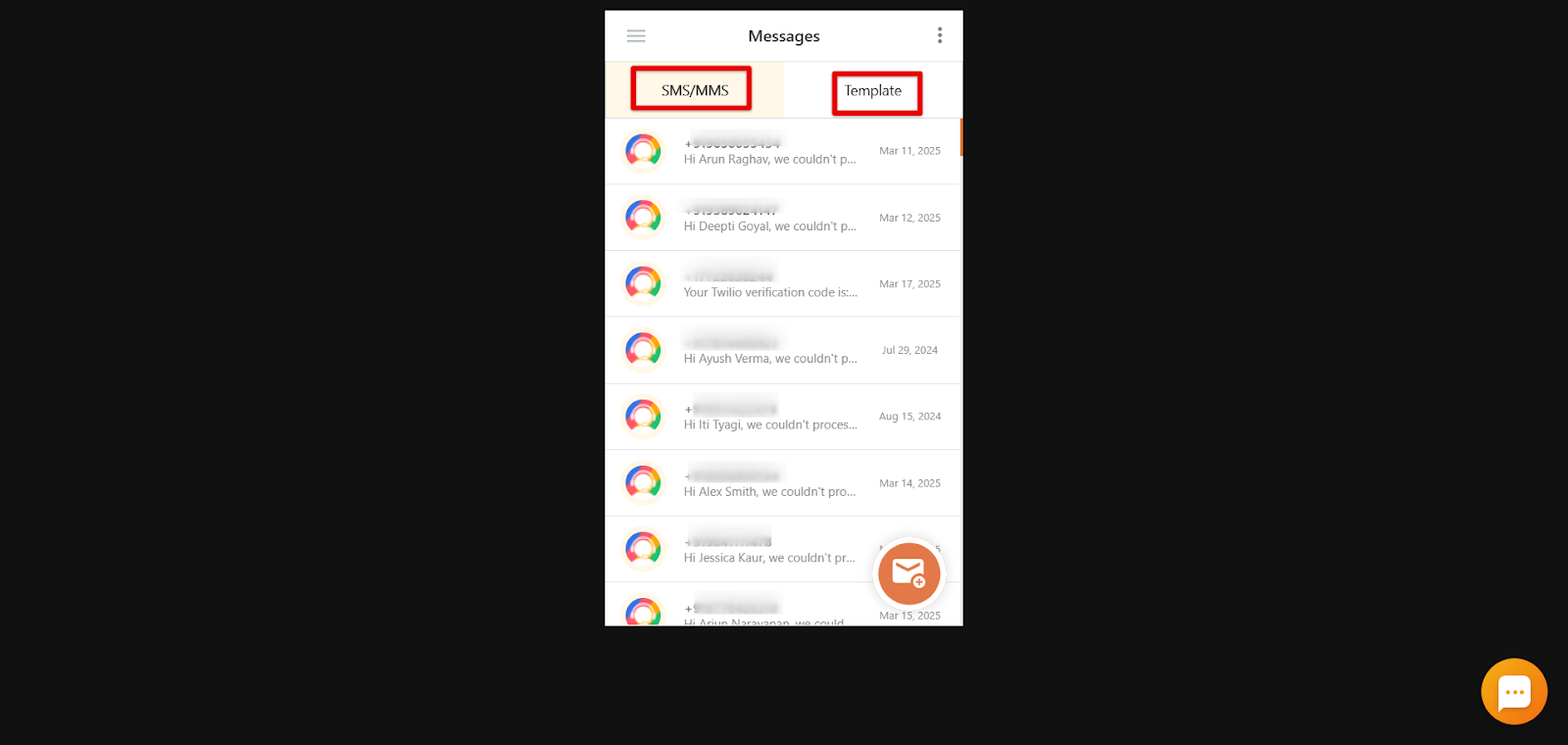 CallHippo Messages screen with the SMS/MMS and Template tabs highlighted above the conversation list