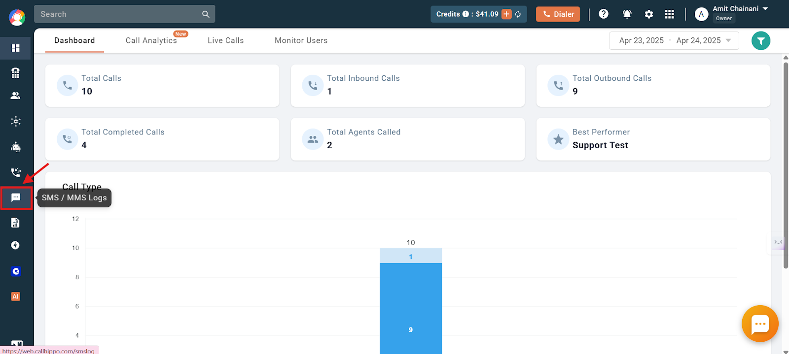 CallHippo dashboard with the SMS/MMS Logs icon highlighted in the left sidebar