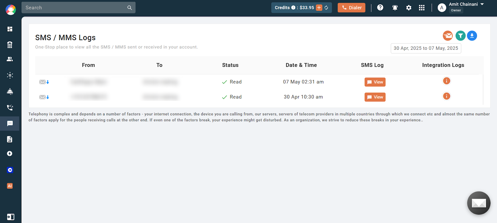 CallHippo SMS/MMS Logs page showing From, To, Status, Date and Time, SMS Log and Integration Logs columns
