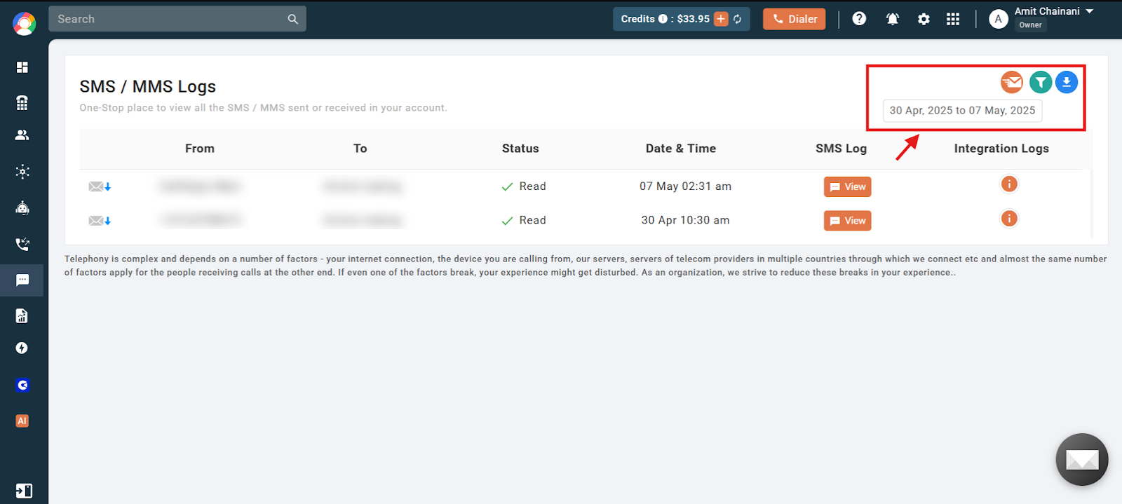 CallHippo SMS/MMS Logs page with the date range, filter and download action buttons highlighted at the top right
