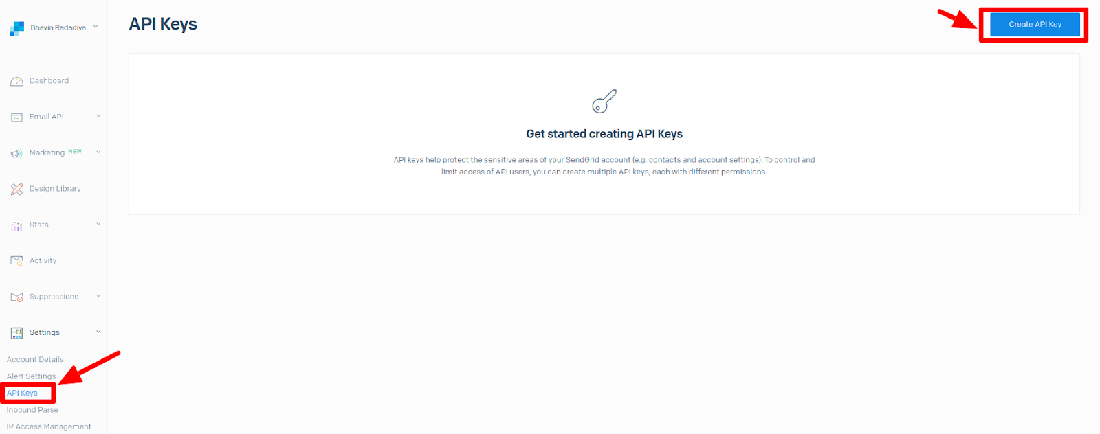 SendGrid Settings API Keys page with API Keys and Create API Key highlighted