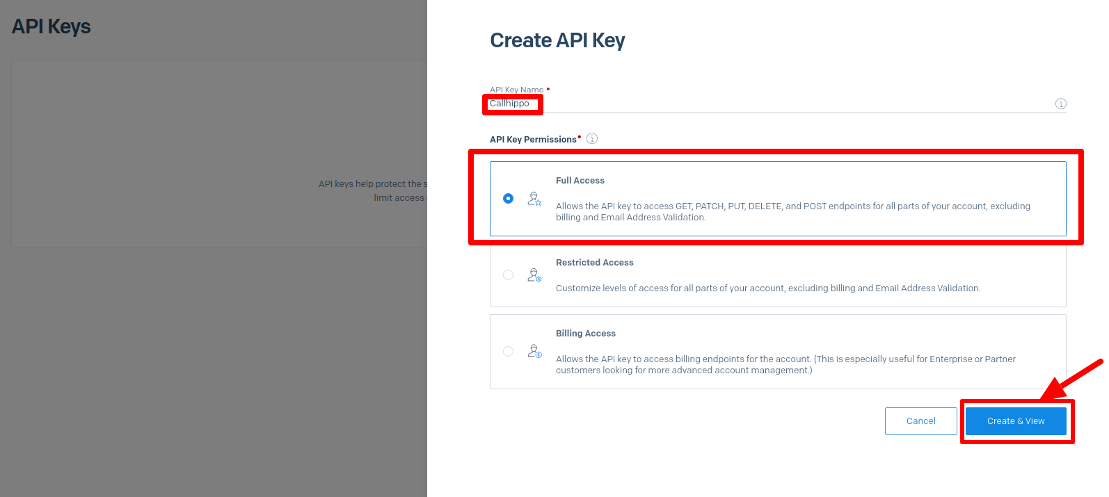 SendGrid Create API Key form with a name entered and Full Access selected