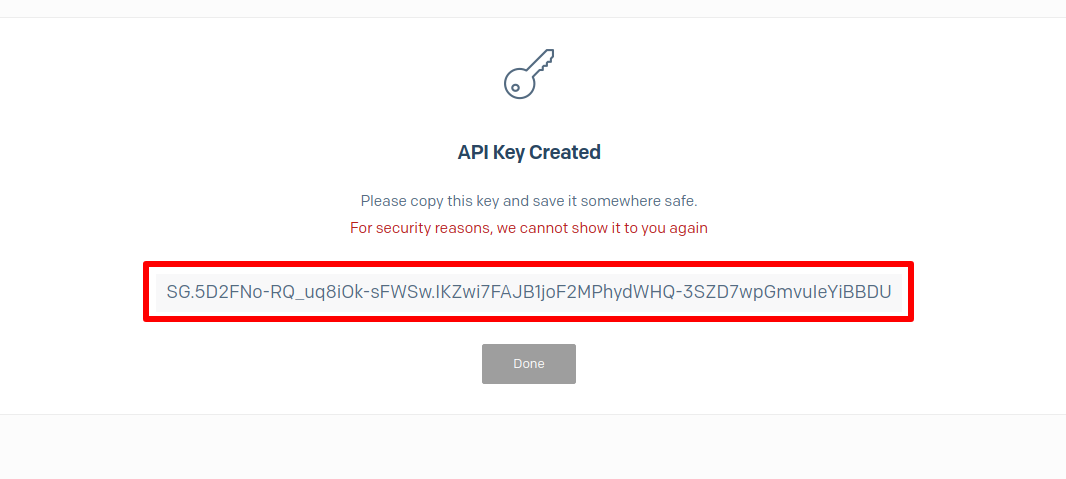 SendGrid API Key Created screen showing the generated key to copy and save