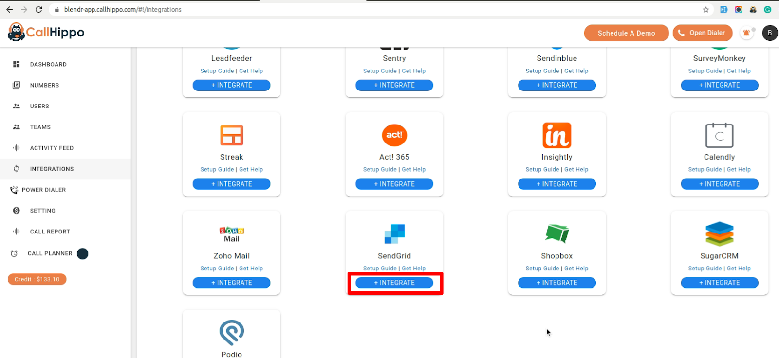 CallHippo Integrations page with the SendGrid Integrate button highlighted