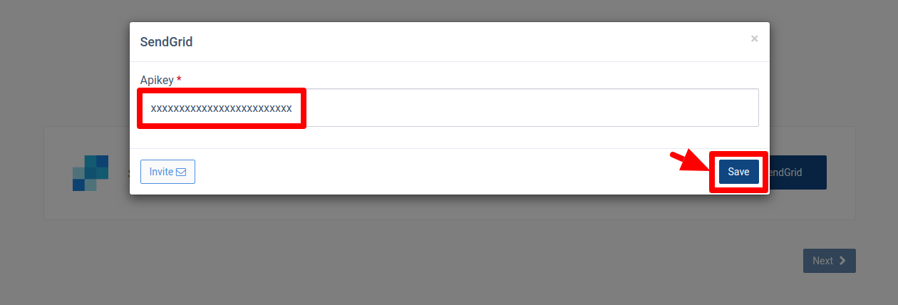 CallHippo SendGrid popup with a field to enter the API key and a Save button