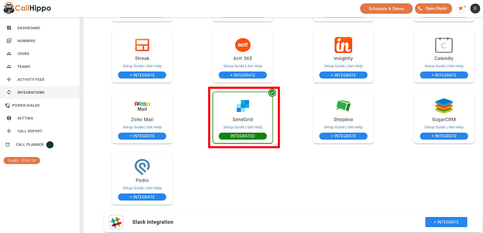 CallHippo Integrations grid showing the SendGrid card marked as Integrated