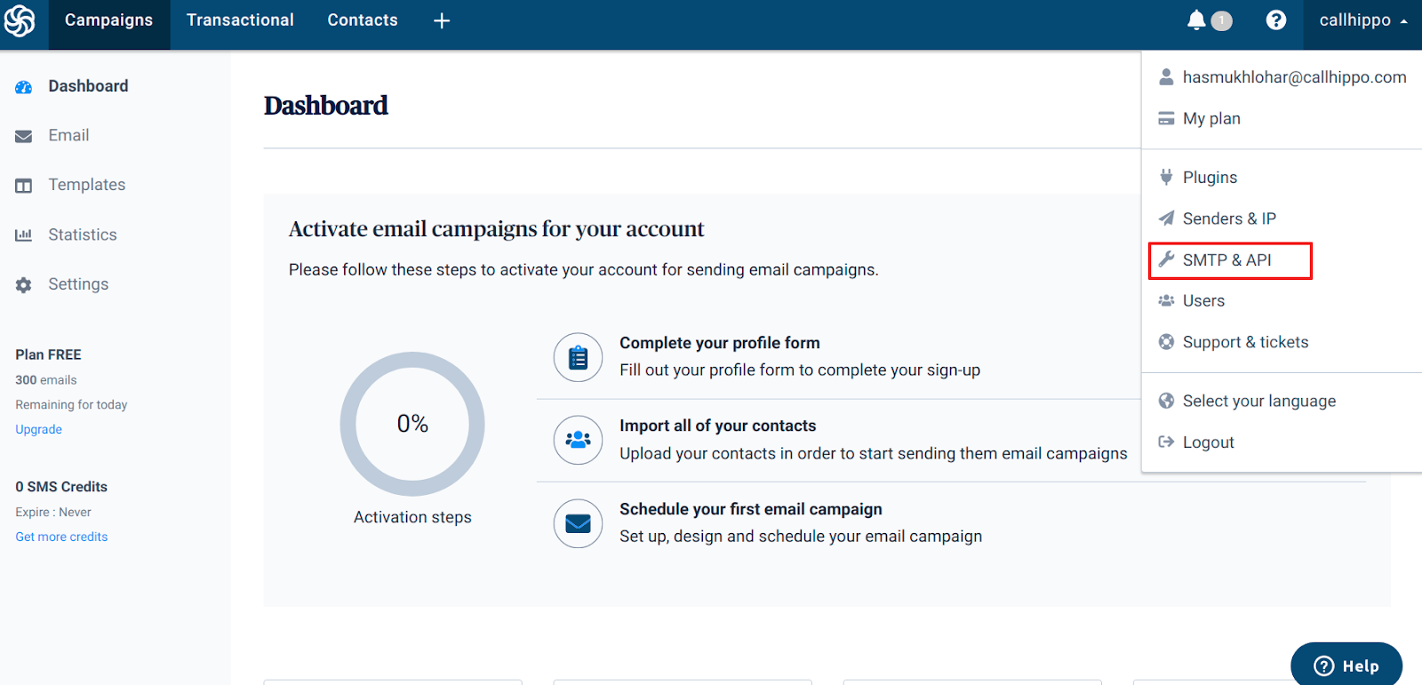 Sendinblue dashboard profile menu with SMTP and API option highlighted
