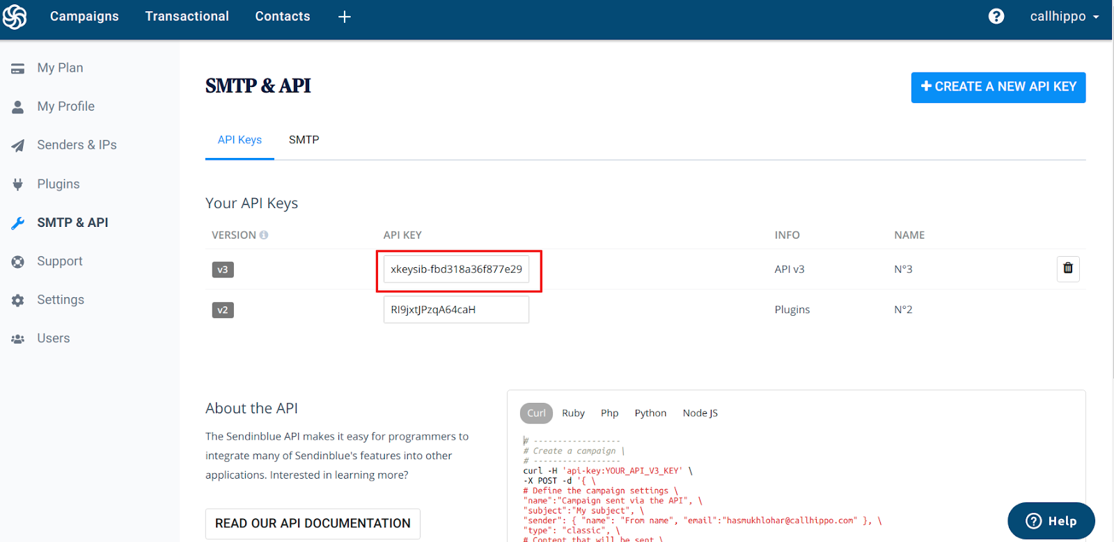 Sendinblue SMTP and API page showing the V3 API key highlighted