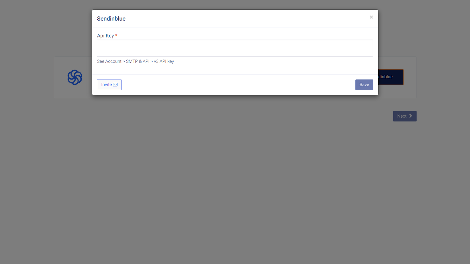 Sendinblue setup dialog with API Key field and Save button