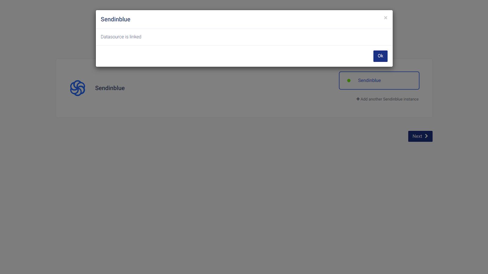 Sendinblue dialog showing Datasource is linked confirmation