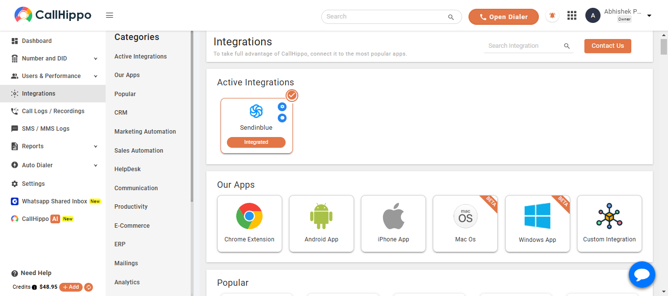 CallHippo Active Integrations showing Sendinblue marked as Integrated