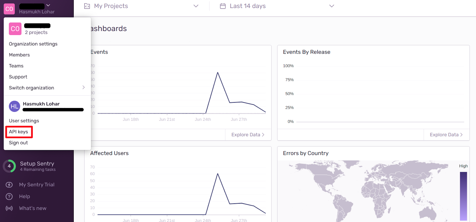 Sentry dashboard profile menu with API keys option highlighted
