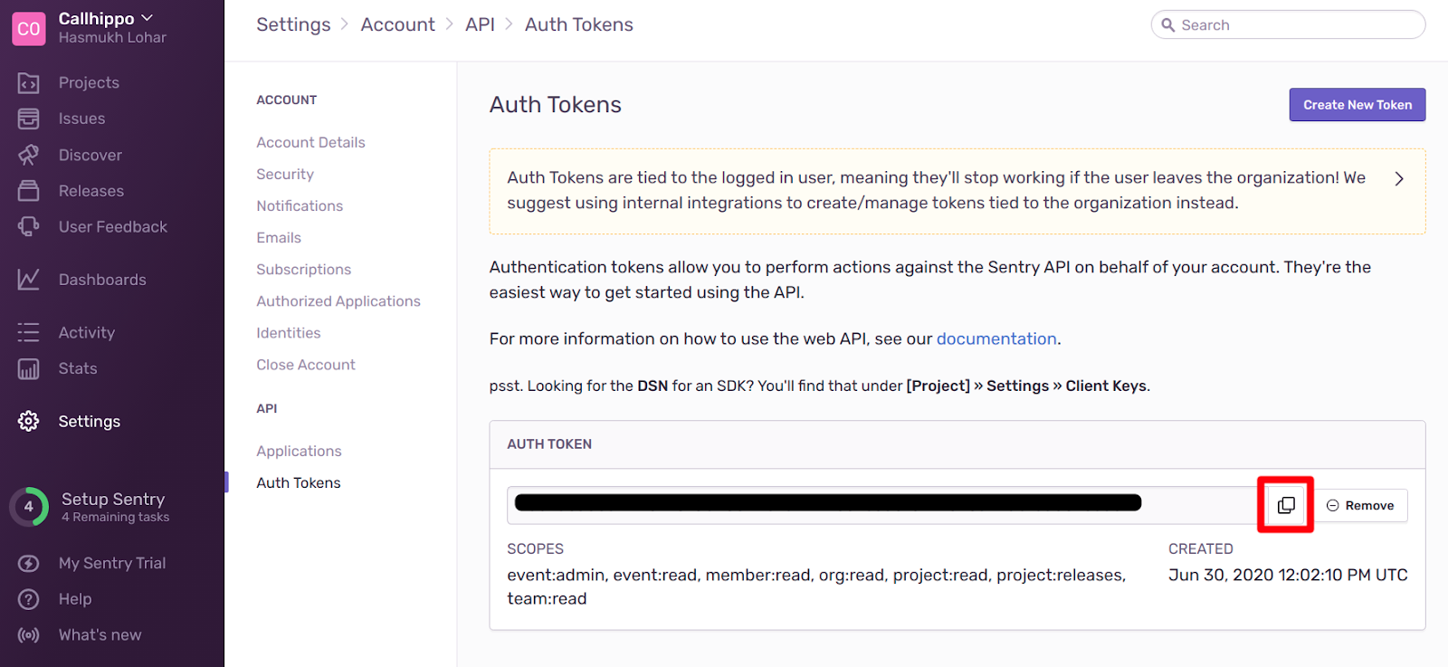 Sentry Auth Tokens page with copy token button highlighted