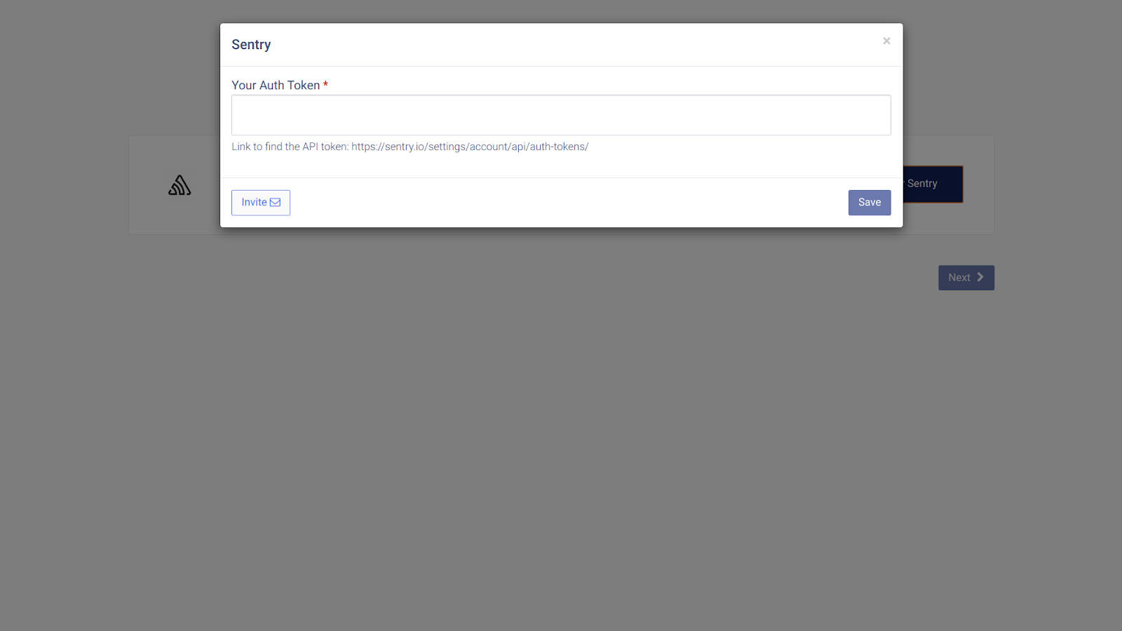 CallHippo Sentry setup modal with Your Auth Token field and Save button
