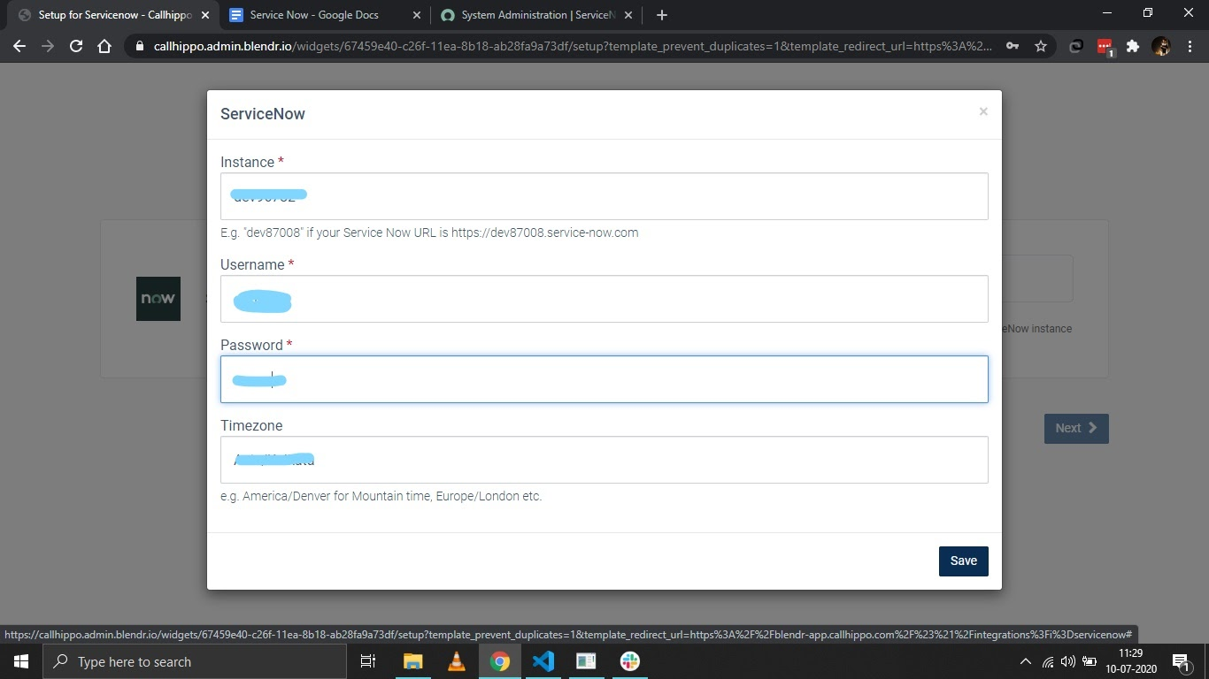 ServiceNow setup popup with Instance, Username, Password and Timezone fields