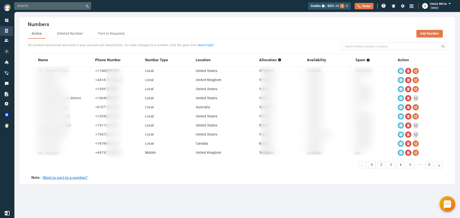 CallHippo Numbers page listing virtual numbers with action icons
