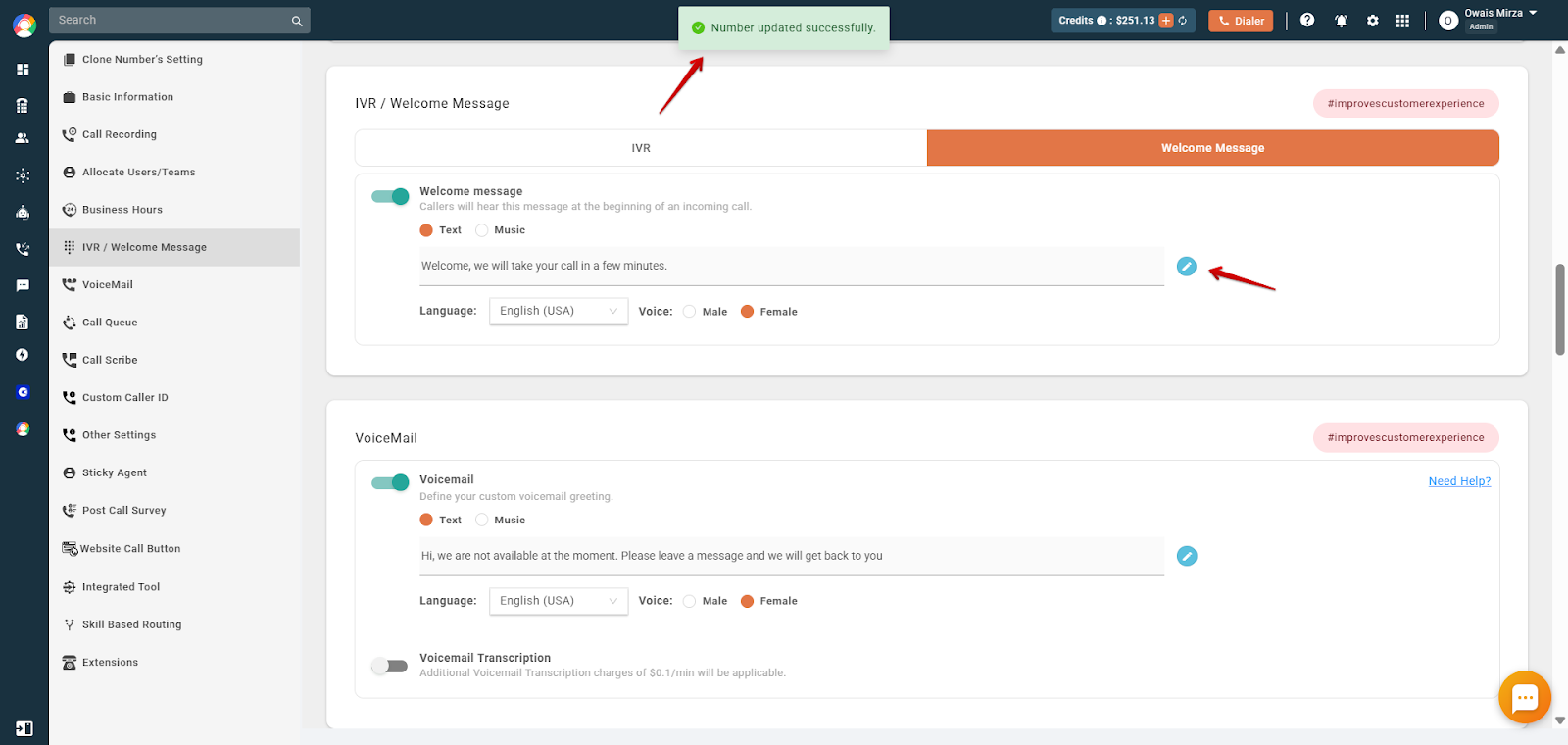 CallHippo showing Number updated successfully confirmation after saving the welcome message