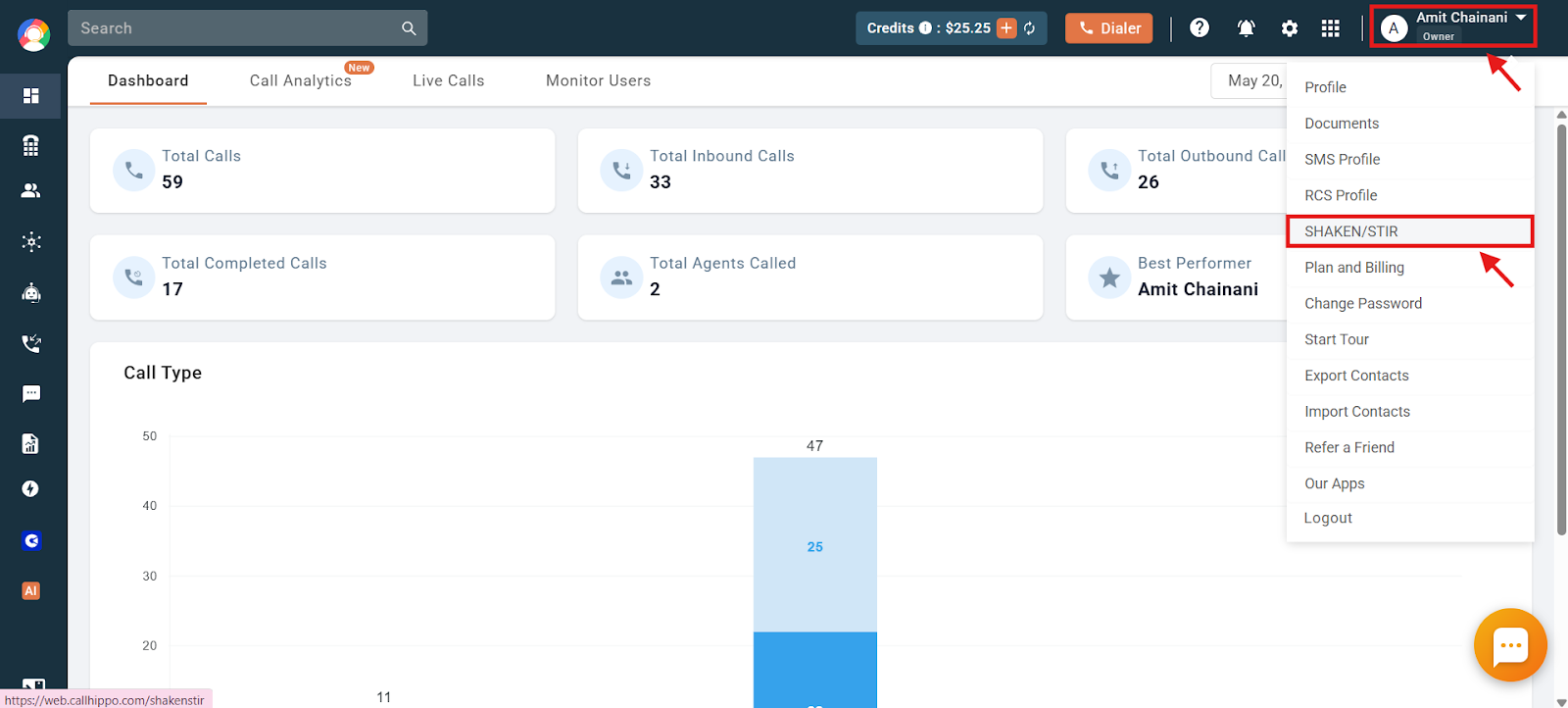 CallHippo dashboard with the Profile dropdown open and the SHAKEN/STIR option highlighted