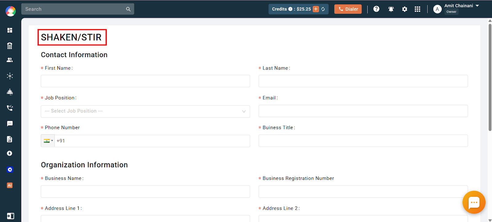 SHAKEN/STIR registration form showing Contact Information and Organization Information fields