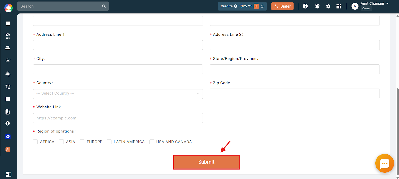 Lower section of the SHAKEN/STIR form with address fields, region of operations, and the Submit button highlighted