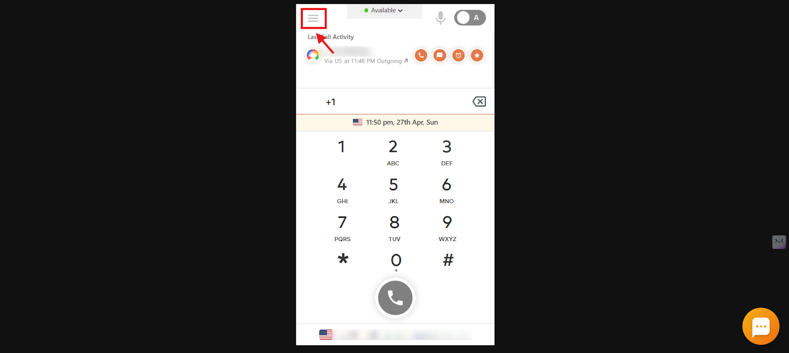 CallHippo dialer with the main menu icon highlighted in the top left corner