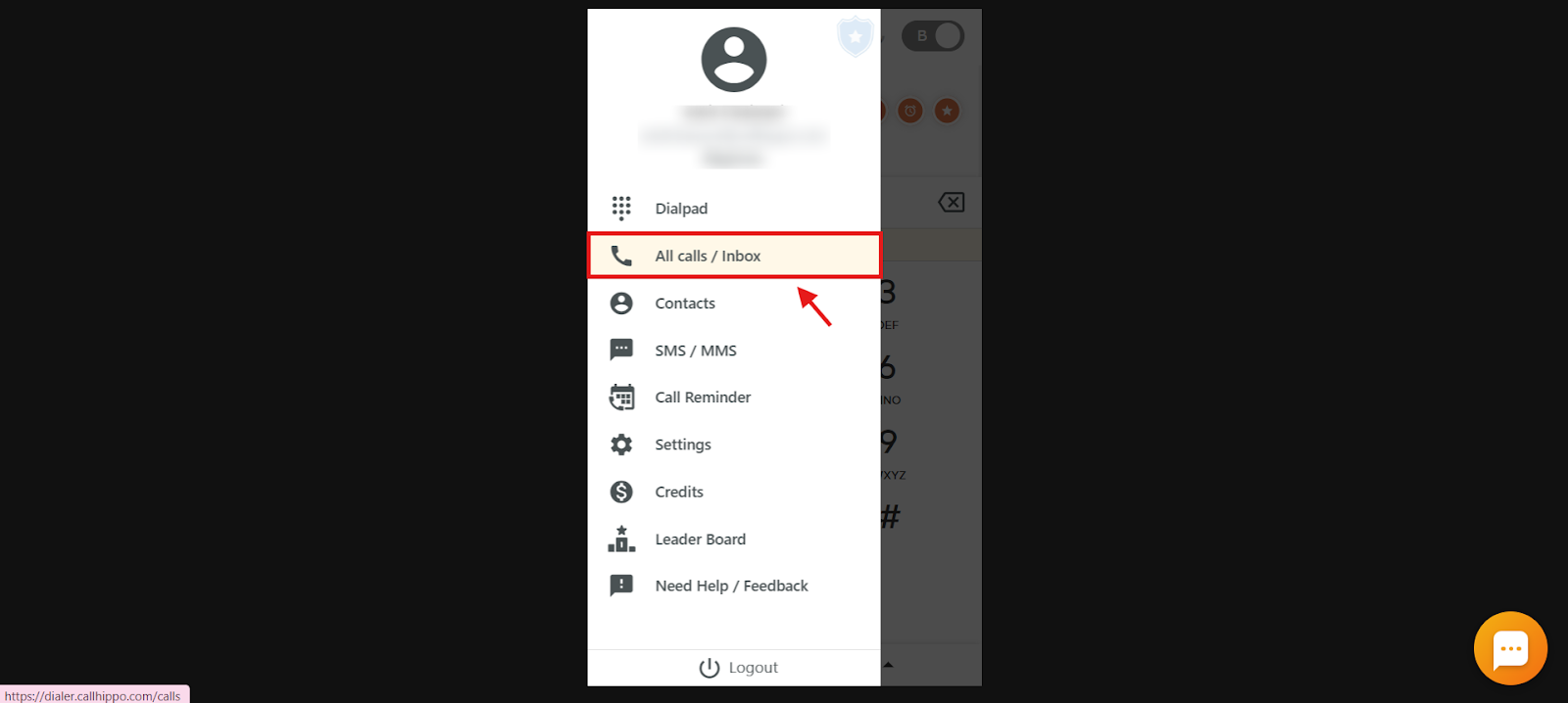 CallHippo dialer menu with the All calls / Inbox option highlighted