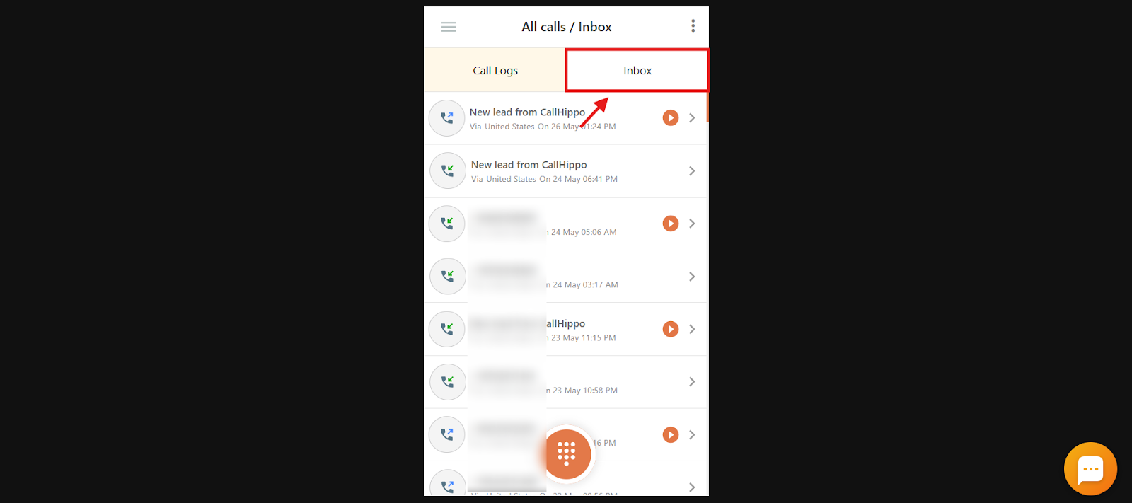 CallHippo All calls / Inbox screen with the Inbox tab highlighted next to Call Logs