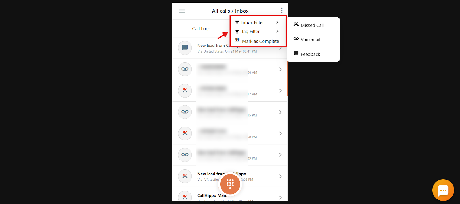 CallHippo Shared Inbox actions menu showing Inbox Filter, Tag Filter, Mark as Complete and Missed Call, Voicemail, Feedback options