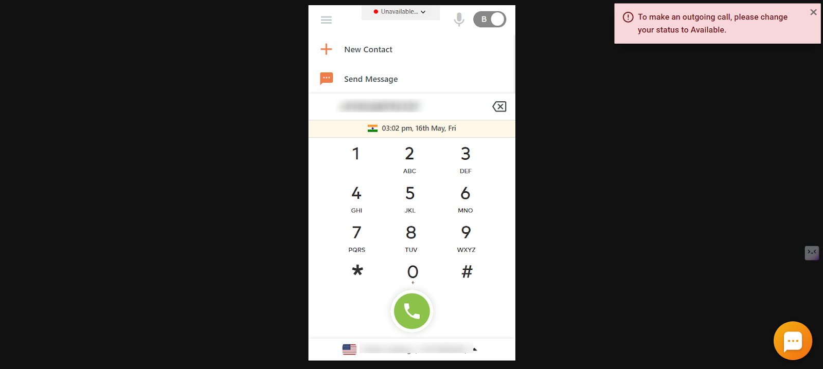 Dialer showing please change your status to Available message