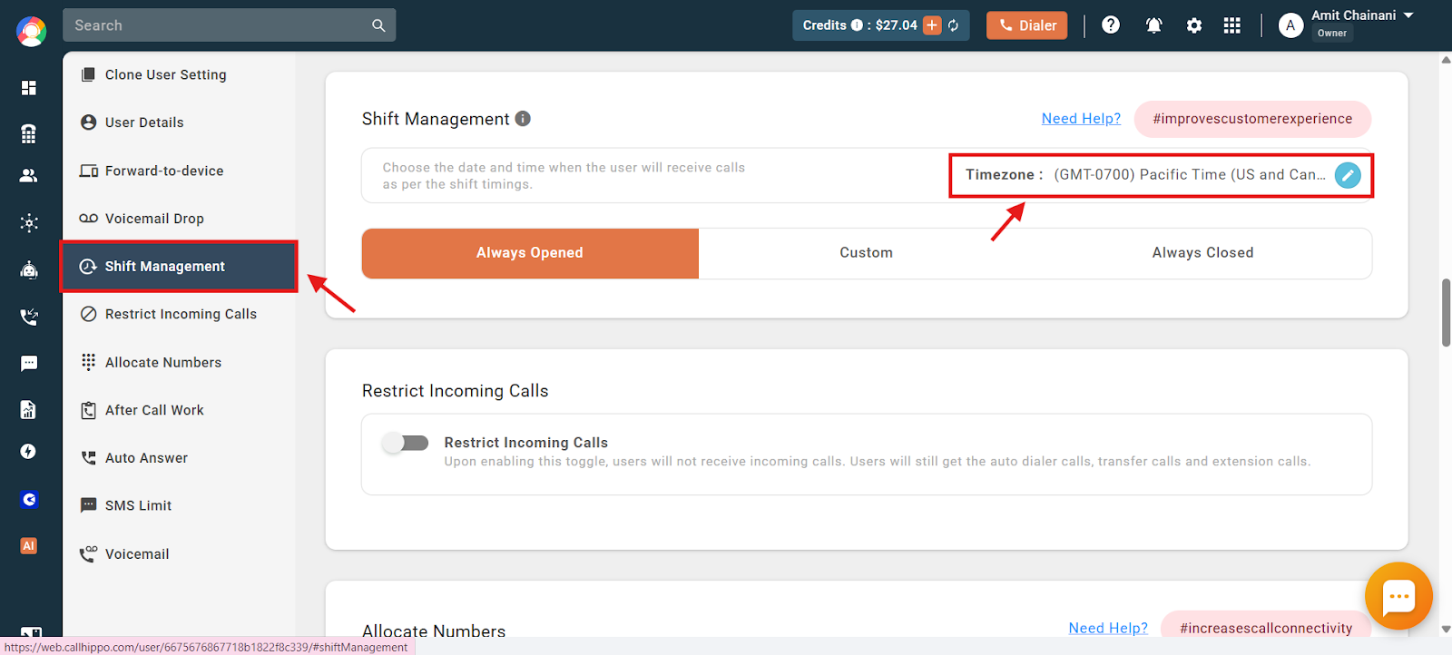 Shift Management screen with the Timezone selector highlighted