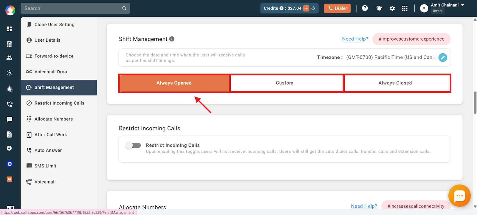 Shift Management showing Always Opened, Custom and Always Closed options