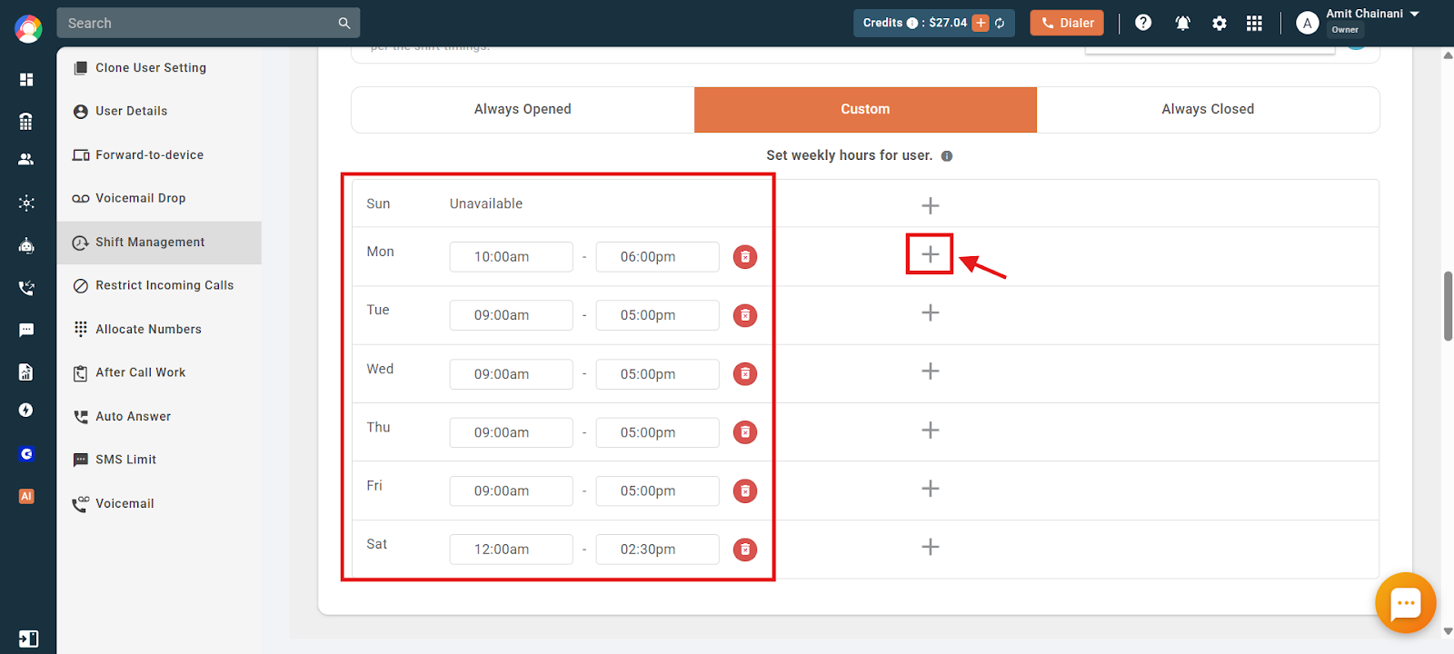 Custom shift screen with start and end times set for each day of the week