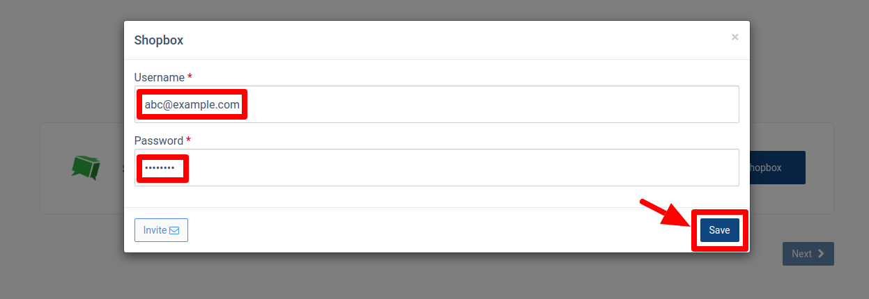 Shopbox setup dialog with Username, Password fields and Save button