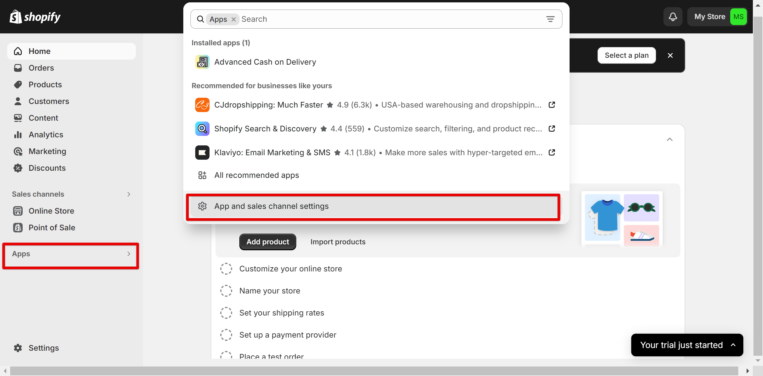 Shopify Apps menu highlighting App and sales channel settings