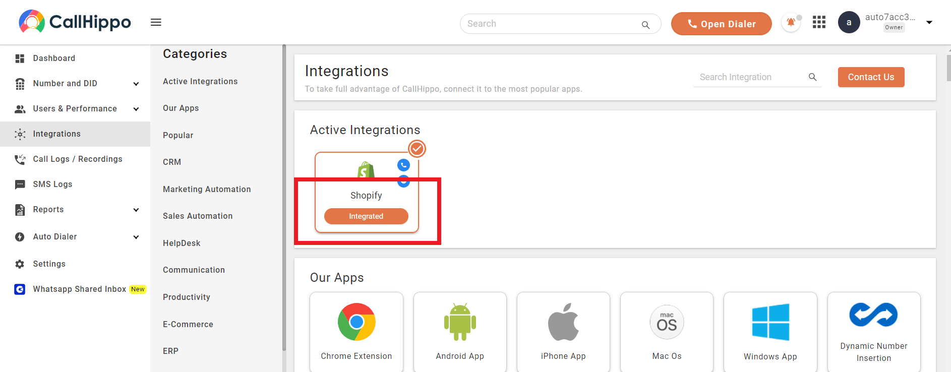 CallHippo Active Integrations showing Shopify integrated