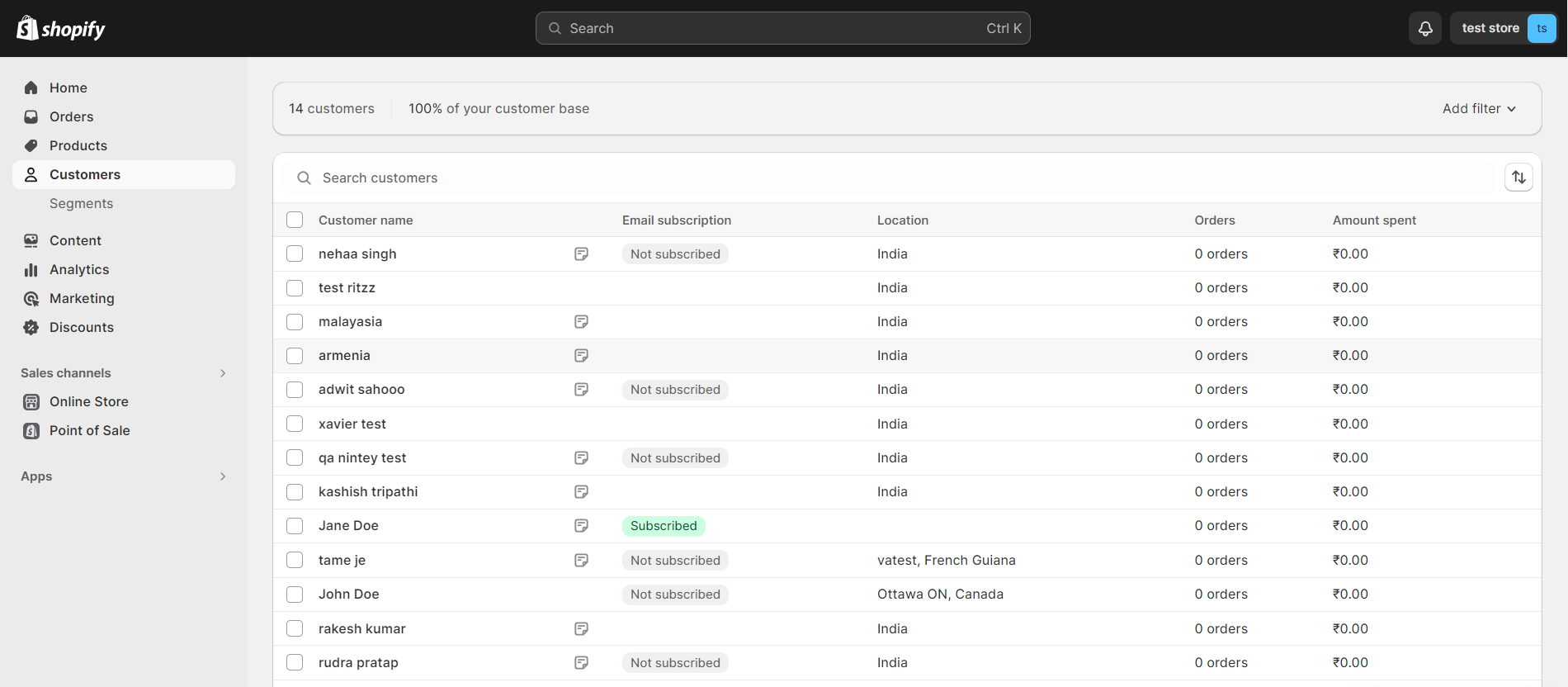 Shopify Customers list page