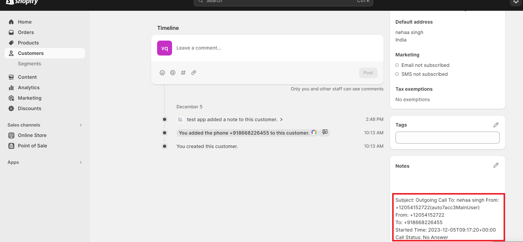 Shopify customer timeline and notes showing synced CallHippo call activity
