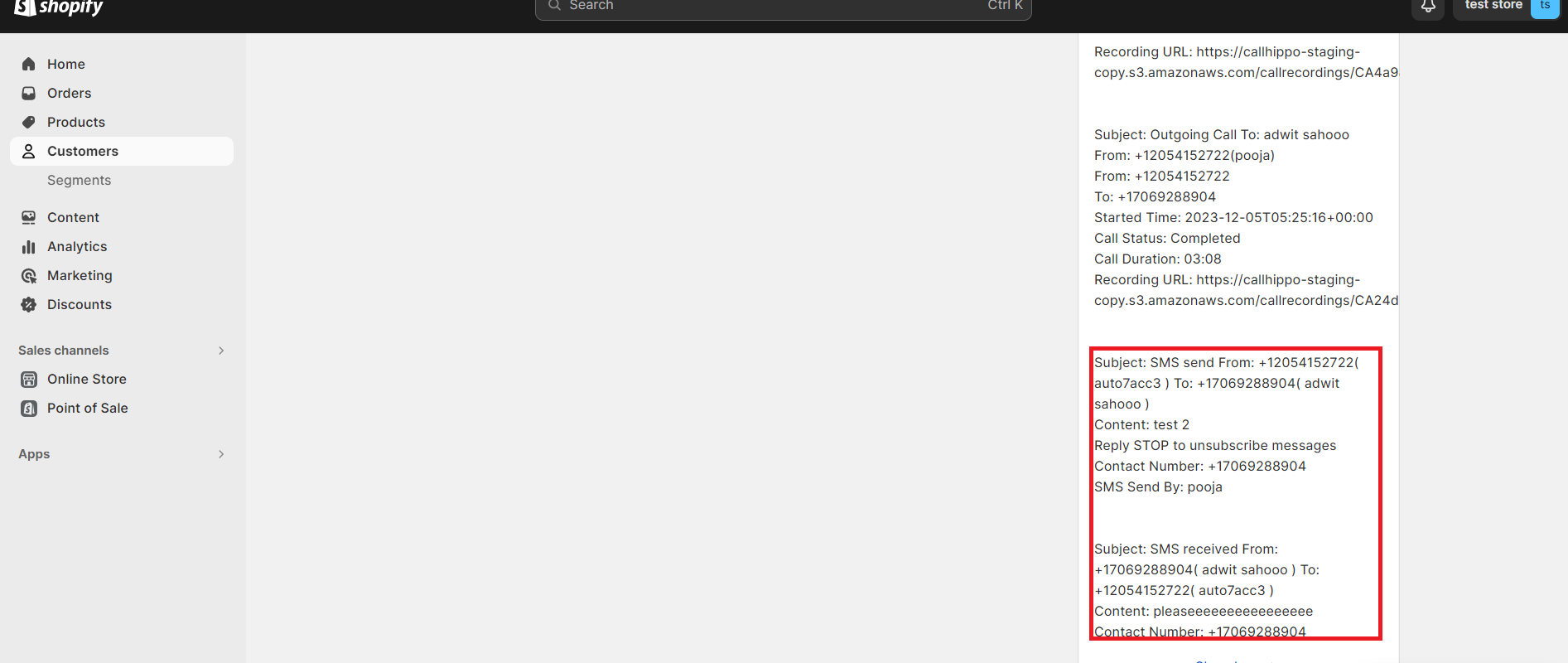 Shopify customer notes showing synced CallHippo SMS activity