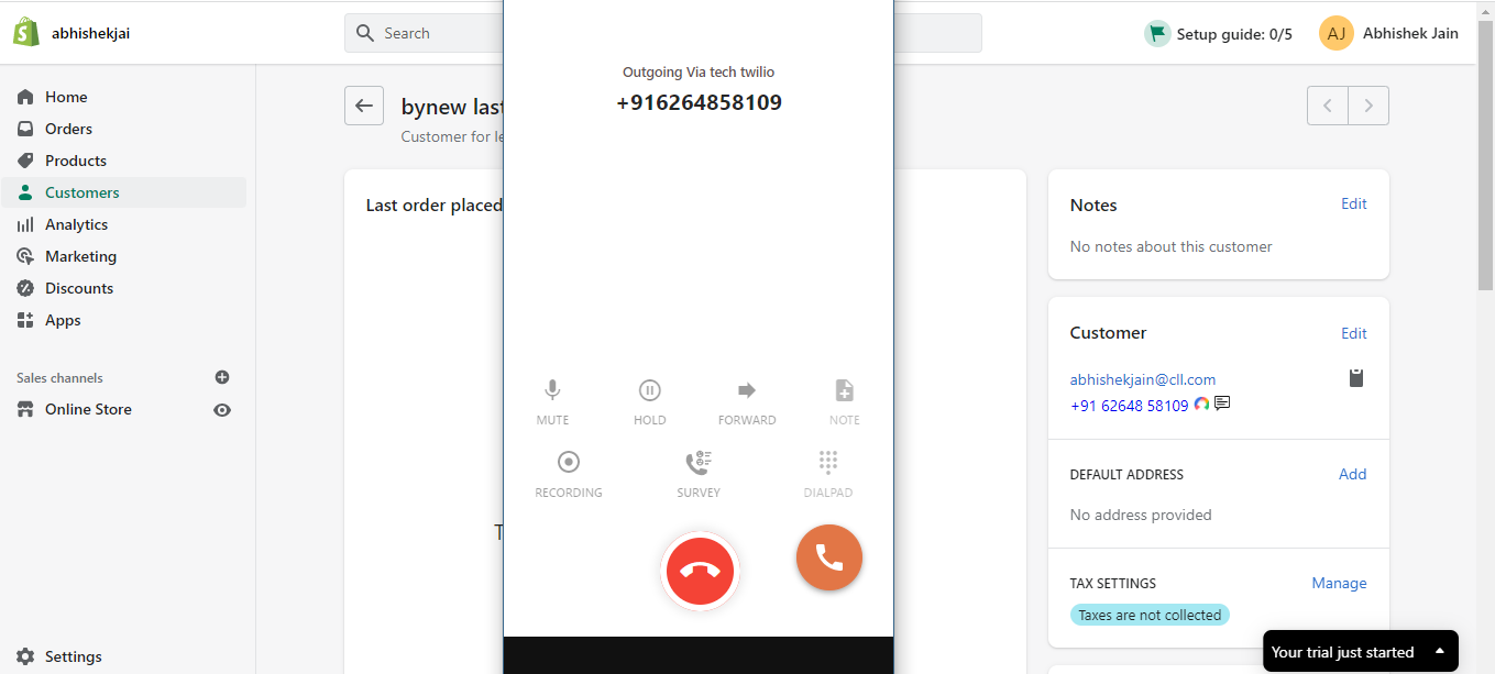 CallHippo click-to-call dialer open on a Shopify customer record