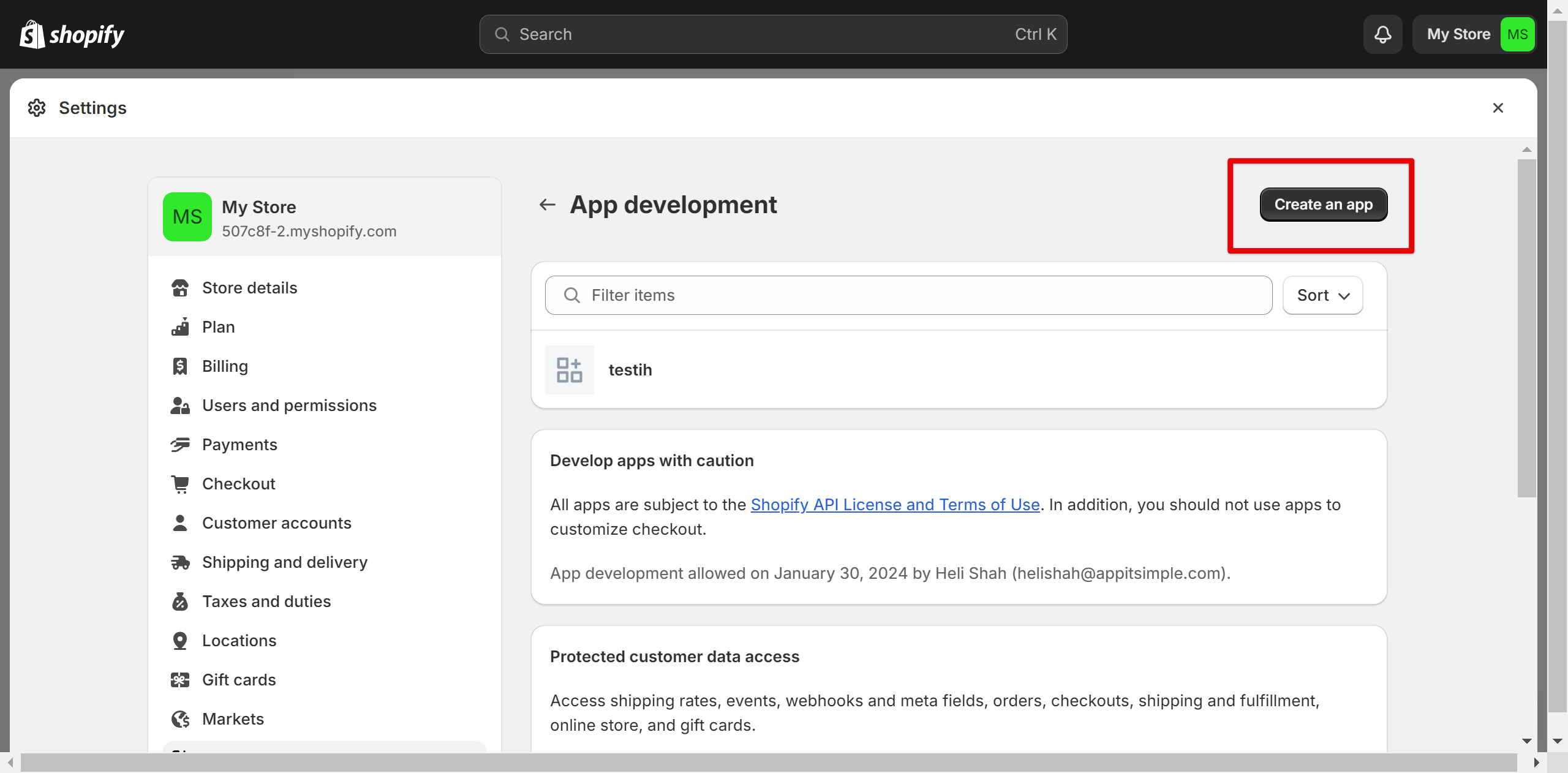 Shopify App development page with Create an app button