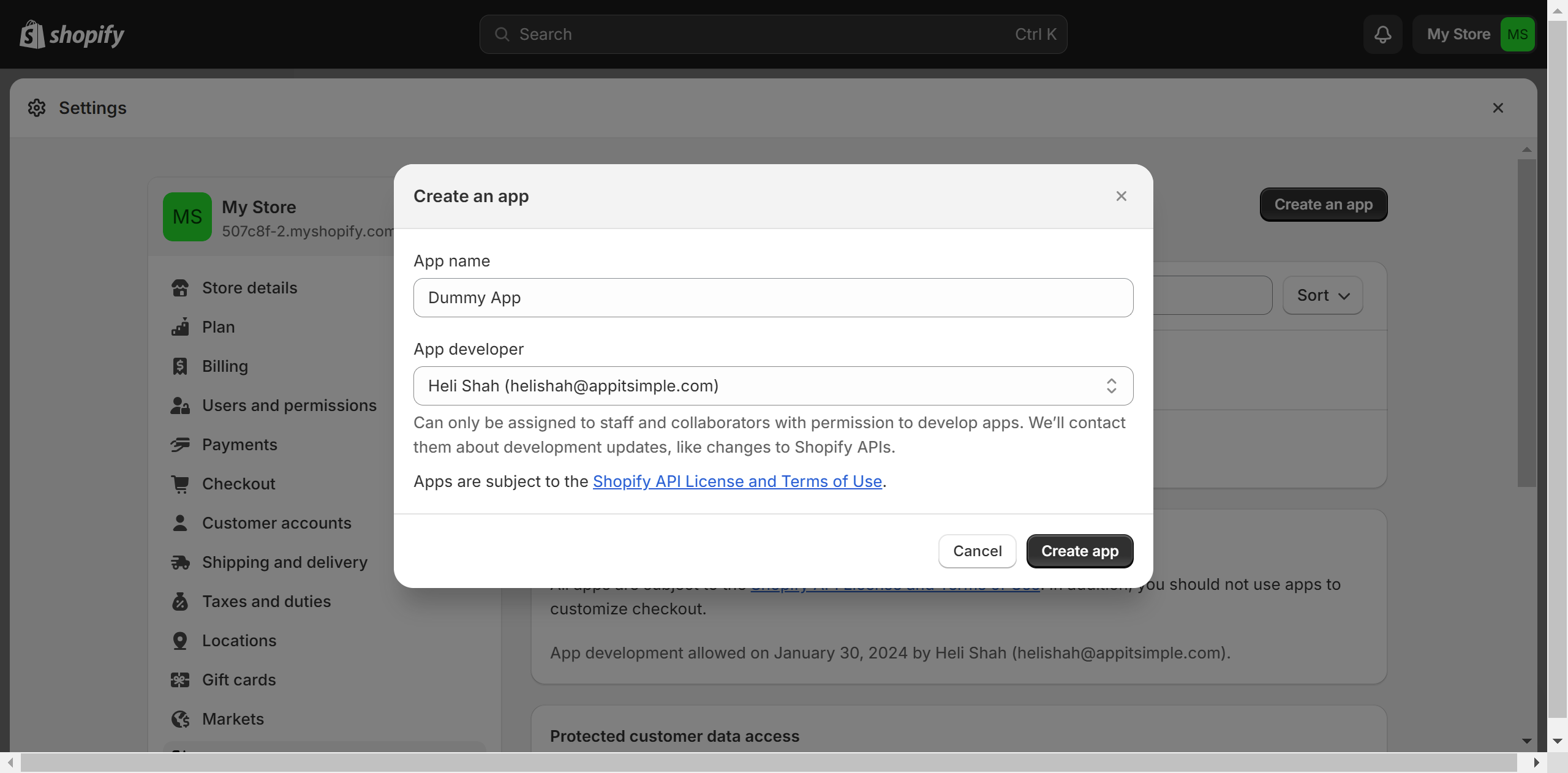 Shopify Create an app dialog with app name and developer fields