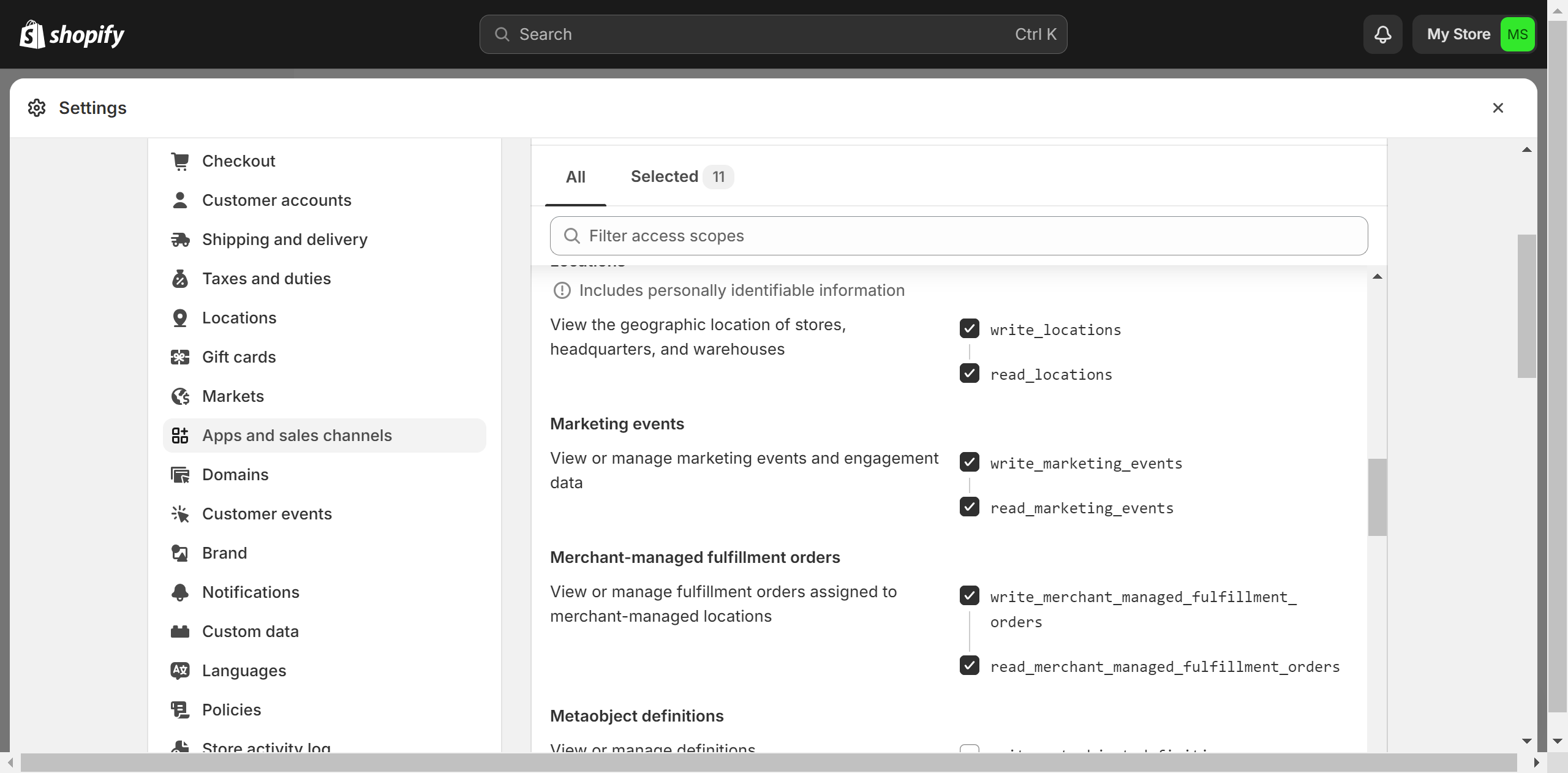 Shopify Admin API access scopes selection screen