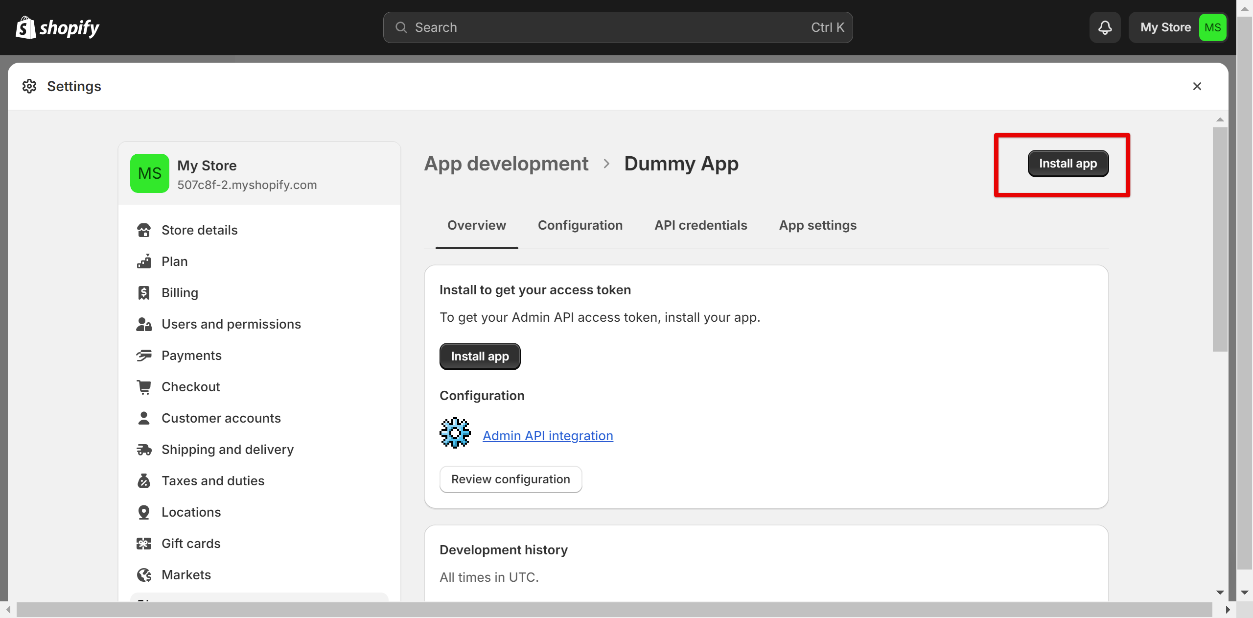 Shopify app overview with Install app button to get access token