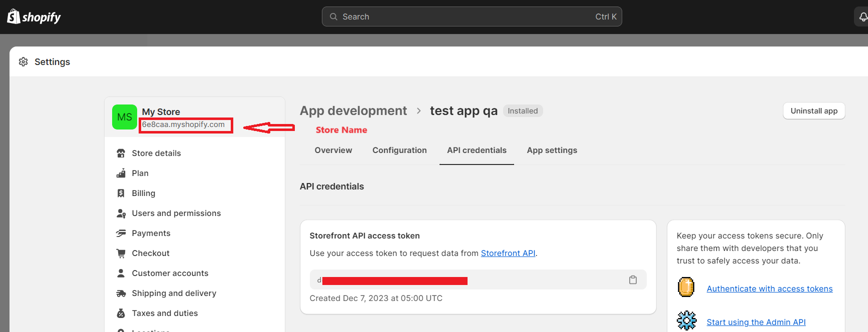 Shopify API credentials page showing store name and Admin API access token