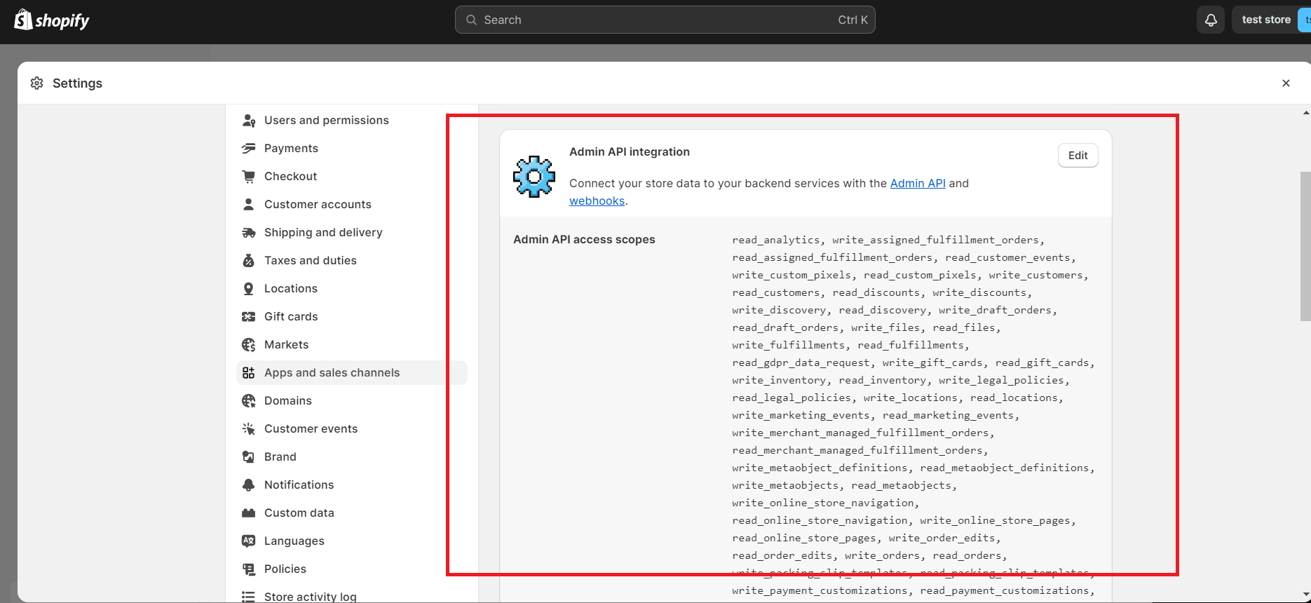 Shopify Admin API integration configuration with access scopes