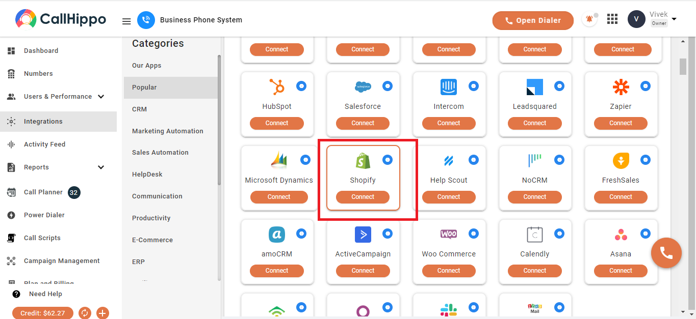 CallHippo Integrations page with Shopify tile and Connect button