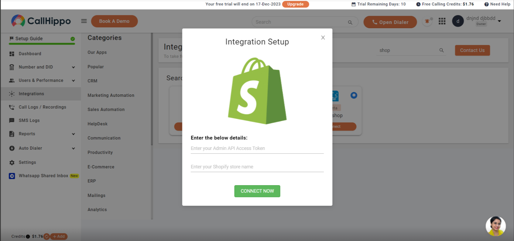 CallHippo Integration Setup modal for Shopify Admin API token and store name